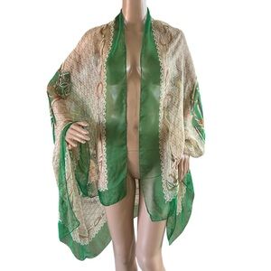100 % Silk Scarf Green Floral Summer Scarf Shawl Wrap